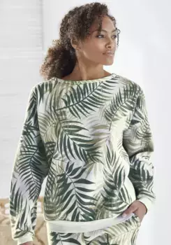 LASCANA свитер "рубашка для дома" с принтом в виде листьев по всей поверхности, одежда для дома, зеленый