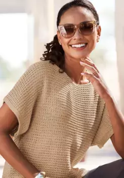 LASCANA Свитер с короткими рукавами, воздушного ажурного трикотажа, легкий летний свитер, с эффектом металлик, цвет Camelfarben-Goldfarben