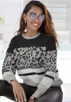 LASCANA свитер с круглым вырезом, с леопардовым узором, свитер свободной вязки с модным миксом узоров, черный