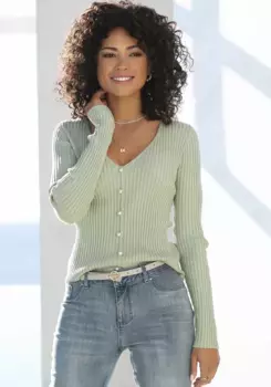 LASCANA Свитер с V-образным вырезом, с декоративными бусинами, вязаный свитер облегающий фигуру, на резинке, мятный