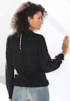 LASCANA Свитер с V-образным вырезом, с декоративными бусинами сзади, элегантный вязаный свитер, черный