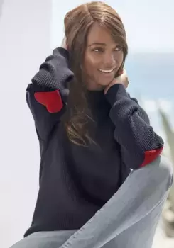 LASCANA Свитер с воротником стойкой, с сердечками, свитер свободной вязки, черный