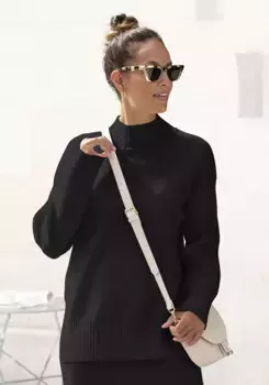 LASCANA Свитер с воротником стойкой, с широкими манжетами, классический вязаный свитер, черный