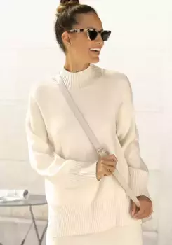 LASCANA Свитер с воротником стойкой, с широкими манжетами, классический вязаный свитер, бежевый