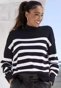 LASCANA Свитер в полоску, с воротником стойкой, свитер свободной вязки, кремовый