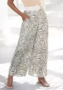 LASCANA тканые брюки из атласа с животным принтом, брюки из воздушной ткани с карманами, пляжные брюки, хаки