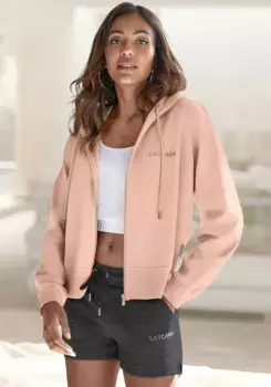 LASCANA толстовка с капюшоном "Домашняя одежда", на молнии медного цвета и вышивкой логотипа, костюм для отдыха, цвет Pfirsich