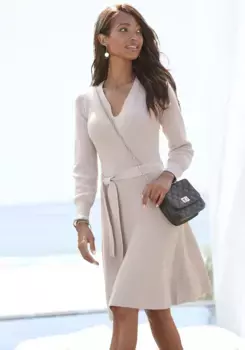 LASCANA трикотажное платье (с поясом) и V-образным вырезом, платье осень-зима, повседневно-элегантное, бежевый