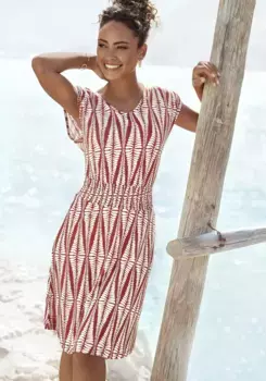 LASCANA Трикотажное платье с широким присборенным поясом, короткое летнее платье с принтом по всей поверхности, кремовый