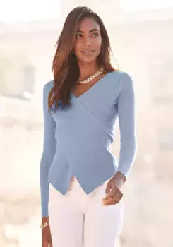 LASCANA вязаный свитер из ребристой вязки, облегающий фигуру женский свитер с запахом, голубой