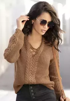 LASCANA вязаный свитер, с деталями косичек и шнуровкой, ажурный свитер, свободный крой, цвет Camelfarben