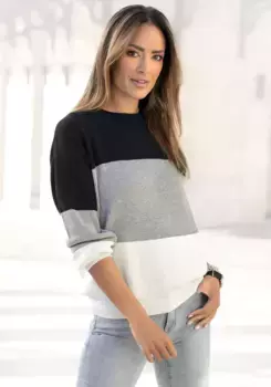 LASCANA вязаный свитер, в полоску колор блок, женский свитер из смеси хлопка, кремовый