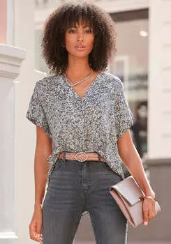 LASCANA женская блузка с принтом и складками, цвет grey multi