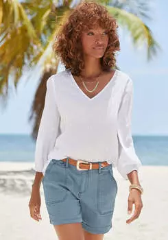 LASCANA Женская блузка с V-образным вырезом и отделкой ажурными петлями, белый