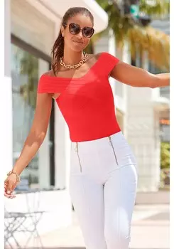 LASCANA Женский бандажный топ с открытыми плечами, красный