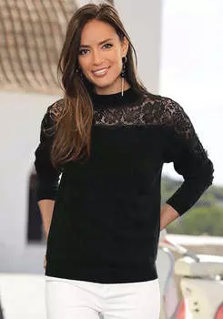 LASCANA Женский свитер с кружевной вставкой, черный
