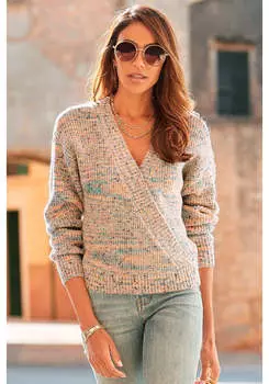 LASCANA Женский свитер с V-образным вырезом, кремовый/мультиколор