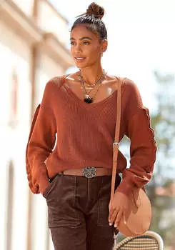 LASCANA Женский свитер с воланами на рукавах, цвет rust