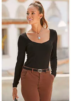 LASCANA Женский топ с квадратным вырезом и длинными рукавами, черный