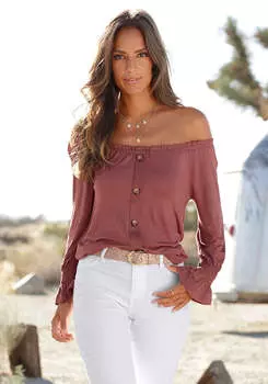 LASCANA Женский топ с оборками на рукавах и открытыми плечами, цвет wine