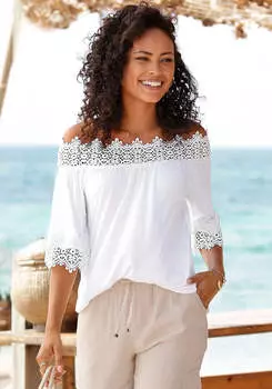 LASCANA Женский топ с открытыми плечами и кружевным акцентом, белый