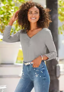 LASCANA Женский топ со сборками и рукавами 3/4, серый