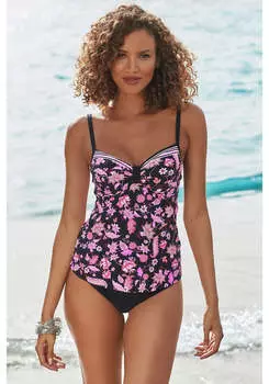 LASCANA Женский топ-танкини на косточках с принтом, черный/розовый