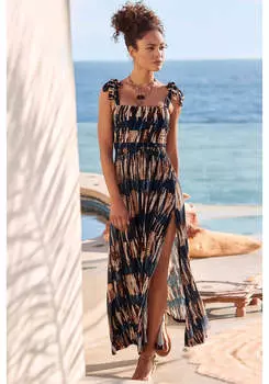 LASCANA Женское Платье Макси с Разрезом и Завязками, цвет navy printed