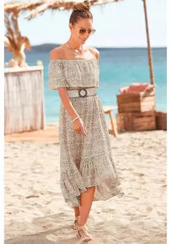 LASCANA Женское Платье Миди Кармен с Вырезом, цвет leopard