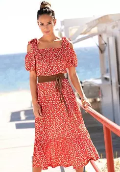 LASCANA Женское платье миди с цветочным узором, цвет red printed