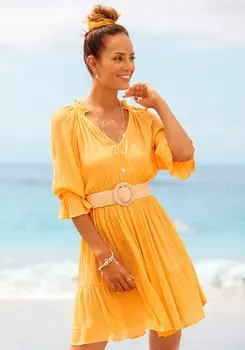 LASCANA Женское платье с оборками и рукавами 3/4, желтый