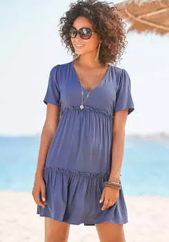 LASCANA Женское платье с V-образным вырезом и оборками, цвет smokey blue