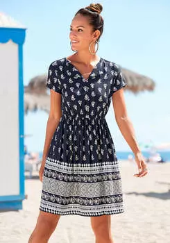 LASCANA Женское платье с V-образным вырезом и узором, цвет navy printed