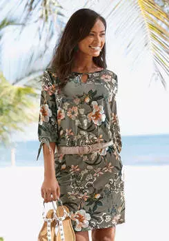 LASCANA Женское Платье с Завязками На Рукавах и Принтом, хаки/мультиколор