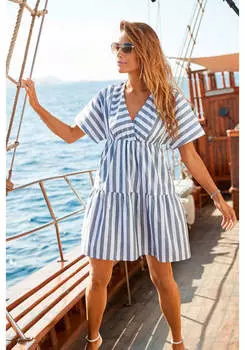 LASCANA Женское полосатое многоярусное платье с V-образным вырезом, цвет blue grey stripe