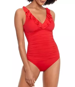 Lauren Ralph Lauren Beach Club Однотонные купальники на косточках с рюшами и V-образным вырезом Цельный купальник, красный