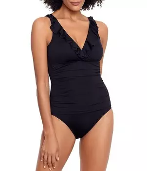 Lauren Ralph Lauren Beach Club Однотонные купальники на косточках с рюшами и V-образным вырезом Цельный купальник, черный