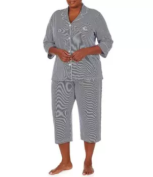 Lauren Ralph Lauren больших размеров, полосатый принт, воротник с вырезом, рукав 3/4, пуговицы спереди, трикотажное капри, пижамный комплект, синий