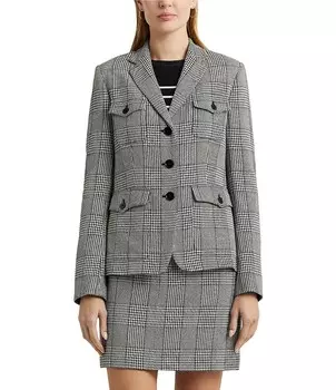 Lauren Ralph Lauren Gresnee Итальянский твидовый пиджак в клетку с длинными рукавами и лацканами с вырезом, серый