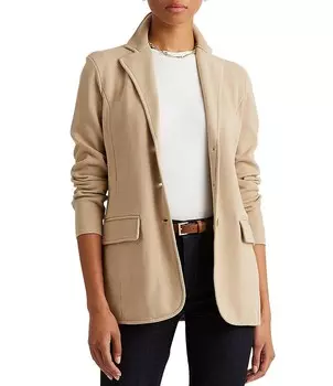 Lauren Ralph Lauren Хлопковый вязаный блейзер с длинными рукавами и лацканами Notch, бежевый