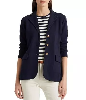 Lauren Ralph Lauren Хлопковый вязаный блейзер с длинными рукавами и лацканами Notch, синий