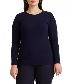 Lauren Ralph Lauren Эластичный топ больших размеров с длинными рукавами и круглым вырезом больших размеров, синий
