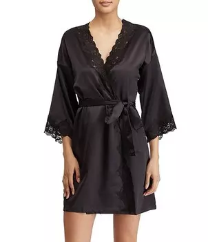 Lauren Ralph Lauren Матовое атласное кимоно с рукавами-координаторами и коротким свадебным халатом с запахом, черный