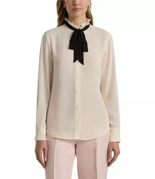 Lauren Ralph Lauren Nerlacey Блузка с бантом и рюшами на шее, длинными рукавами и пуговицами спереди, бежевый