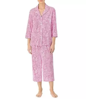Lauren Ralph Lauren Пейсли с принтом Джерси, вязаный воротник с рукавами 3/4 и карманами с вышивкой, капри, пижамный комплект, розовый