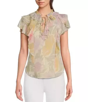 Lauren Ralph Lauren Petite Size Мятая блузка из жоржета с цветочным принтом и v-образным вырезом с оборками и короткими рукавами, мультиколор