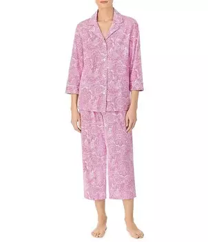 Lauren Ralph Lauren Petite Size с принтом пейсли, вязаный воротник с вырезом и рукавами 3/4, укороченный пижамный комплект, мультиколор