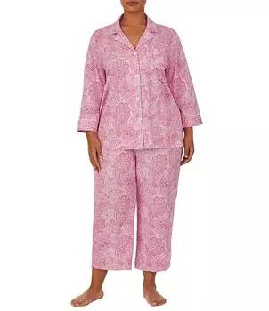 Lauren Ralph Lauren Пижамный комплект больших размеров с воротником-капри и рукавами 3/4 с принтом «пейсли», розовый