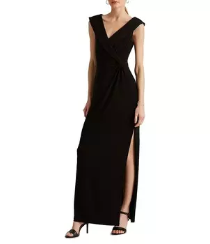 Lauren Ralph Lauren Платье с отложным воротником и V-образным вырезом без рукавов и разрезом по бокам, черный