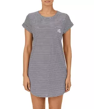 Lauren Ralph Lauren, полосатый принт, джерси, хлопковая ночная рубашка с круглым вырезом и манжетами, короткий рукав, изогнутый подол, мультиколор